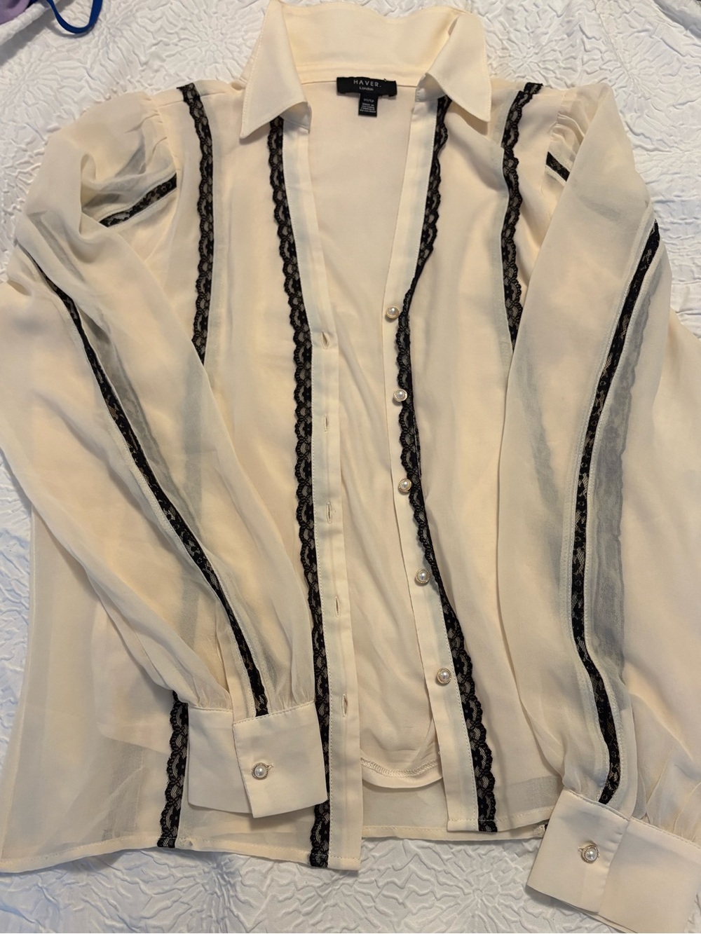 HAVER. London Cream Sheer Button-Up Blouse with Black Lace Trim